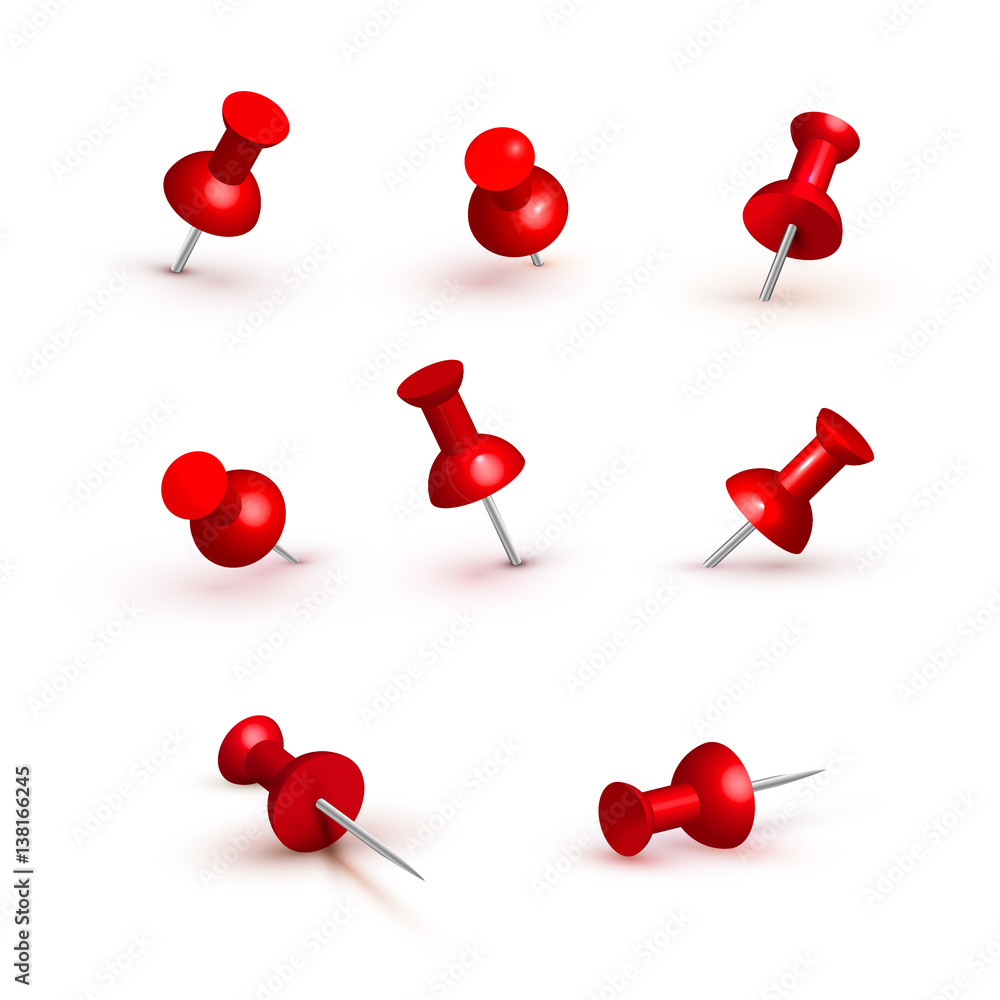 Collection of various red push pins. Thumbtacks. Top view. Front view. Close up. Vector