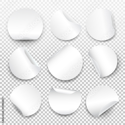 Set of round paper sticker template with bent edge with translucent shadow. Web banner. Element for advertising and promotional message isolated on transparent background. Vector for your design