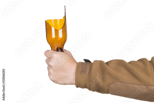 Male hand with broken glass bottle, isolated on white background