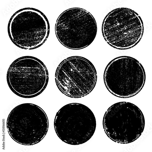 Grunge post stamps collection, circles. Banners, insignias , logos, icons, labels and badges set. Blank shapes. Vector illustration distress textures.