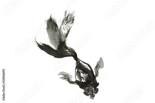 Abstract art of painting to gloden fish, Chinese Brush style is painting golden fish in black and white. isolate fish in white background.