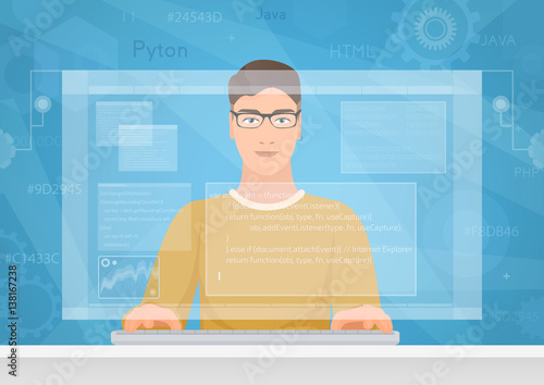 Man software engineer concept with design, optimization, responsive and developer solutions. Coder Engineer working with programm code on virtual screen.