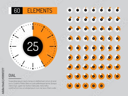 Set vector image of minimalistic clock dial white with black ticks time, different shapes of round and square, isolated on background. The timer is divided into 60 parts