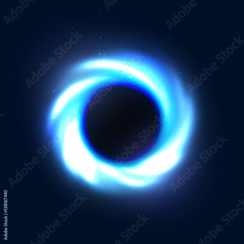 Realistic beautiful black hole. Bright cosmic vector background. Swirl and explosion object.