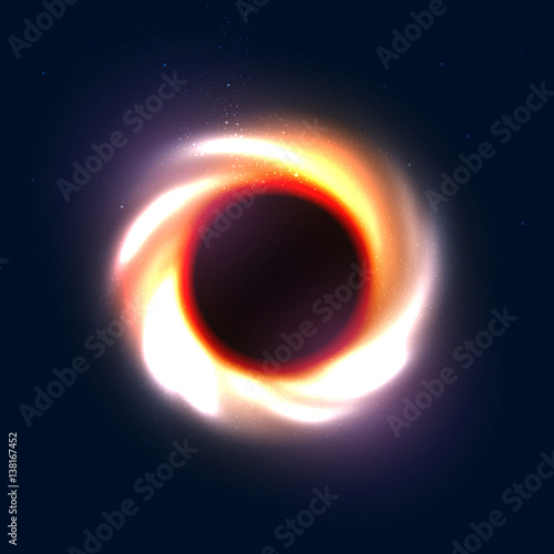 Realistic beautiful black hole. Bright cosmic vector background. Swirl and explosion object.