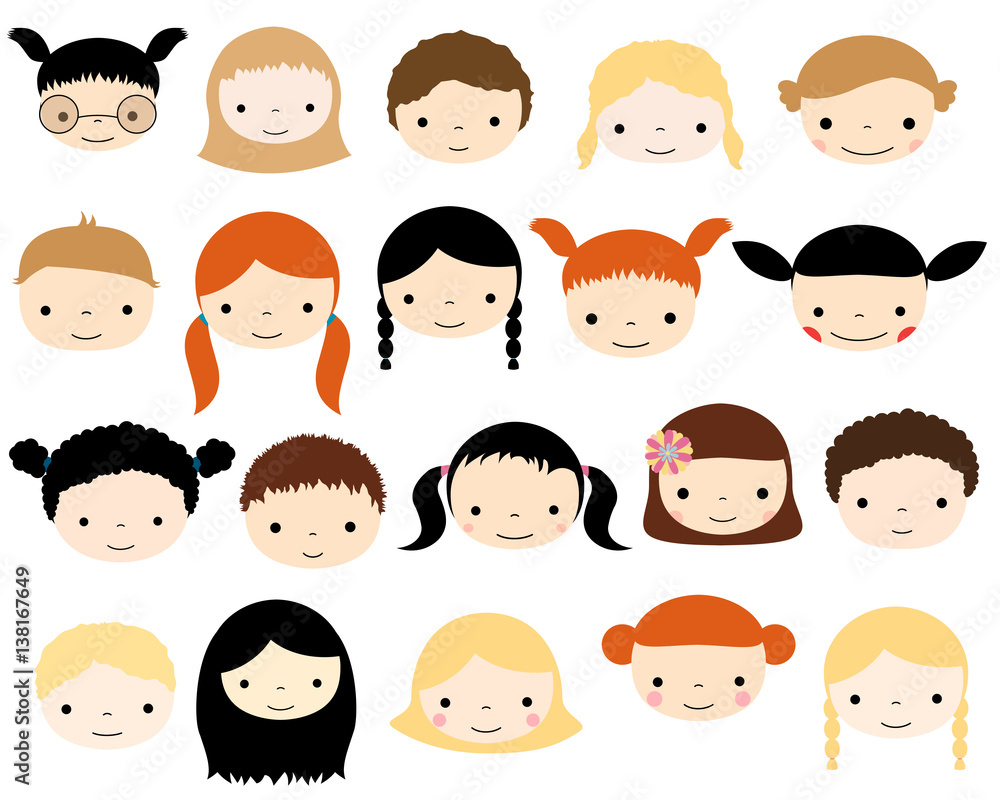 Cute vector kids faces - Caucasian boys and girls heads in flat style Cute vector kids faces - Caucasian boys and girls heads in flat style