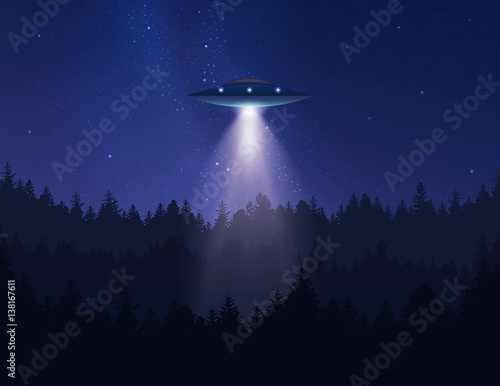 UFO in night sky over the forest emits light beam. Vector illustration.