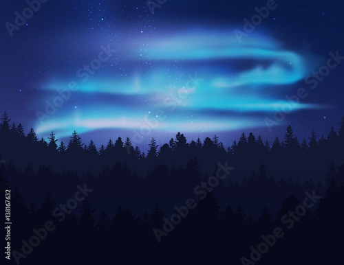 Beautiful northern lights in night sky over forest. Vector illustration.