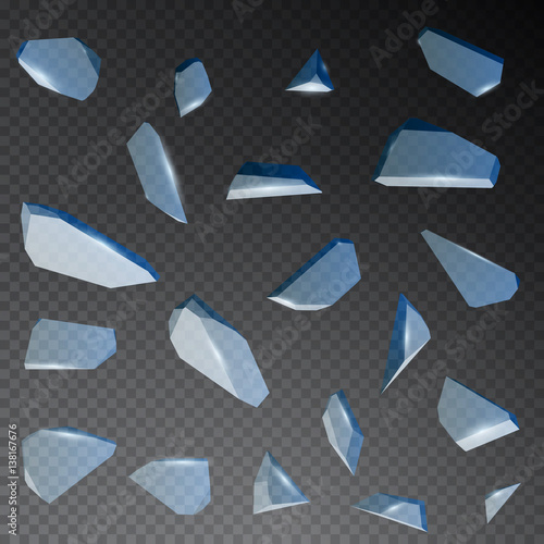 Realistic shards of broken glass, ice or crystal on transparent background. Vector illustration