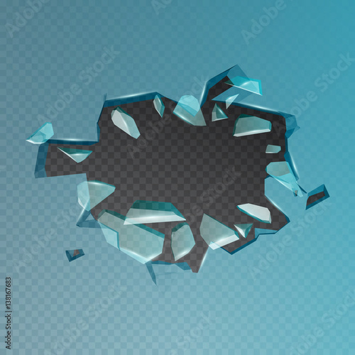 Realistic broken glass, ice or crystal and hole on transparent background. Vector illustration. Isolated cracked effect.