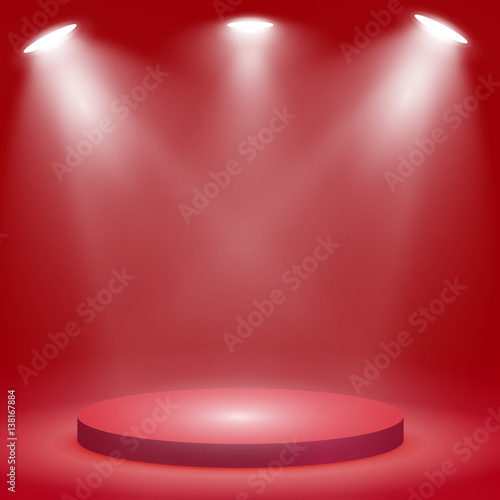 Round podium, pedestal or platform illuminated by spotlights on red background. Stage with scenic lights. Vector illustration.