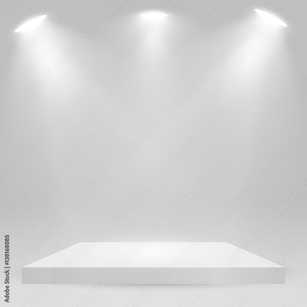 Square podium, pedestal or platform illuminated by spotlights on white
