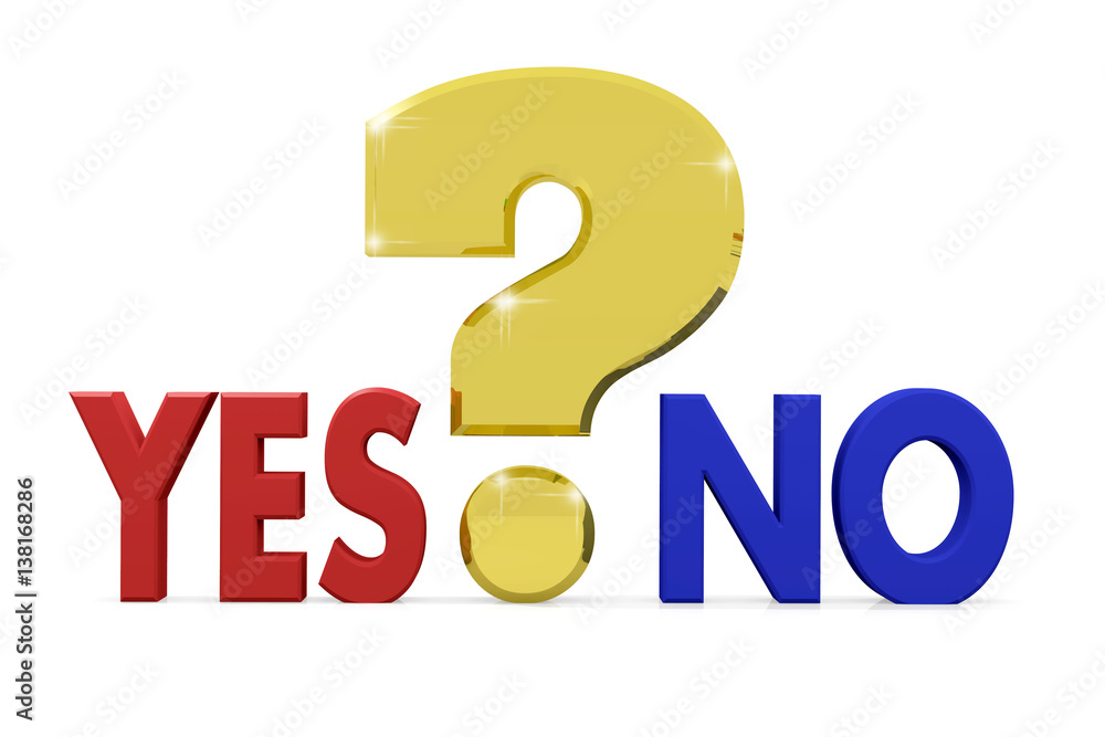 Golden question mark between words Yes and No. Concept of choice problem. 3d render Golden question mark between words Yes and No. Concept of choice problem. 3d render