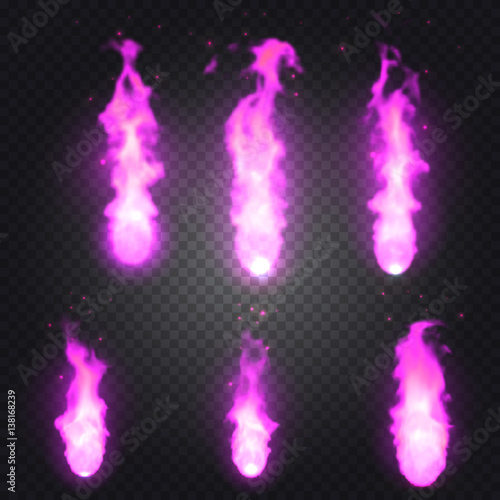 Set of bright realistic fire flames with transparency isolated on checkered vector background. Special light effects for design and decoration. Fireball easy to use.
