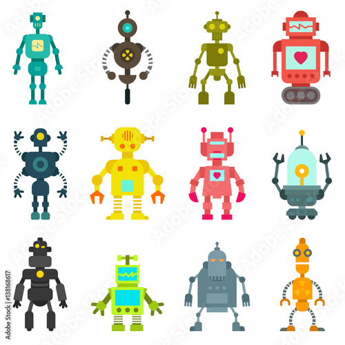 Set of cute cartoon funny retro robots in vintage hipster style. Vector illustration. © cgterminal
