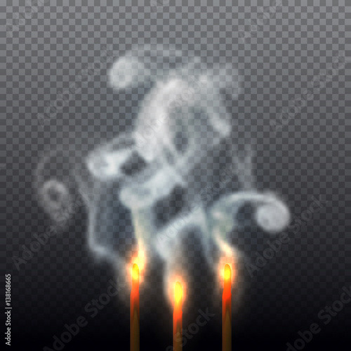 Realistic smoke from aroma sticks on transparent background. Beautiful incense burning. Vector illustration.