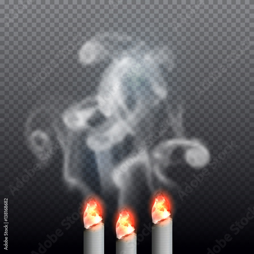Realistic burning cigarette with smoke. Vector illustration on transparent background.