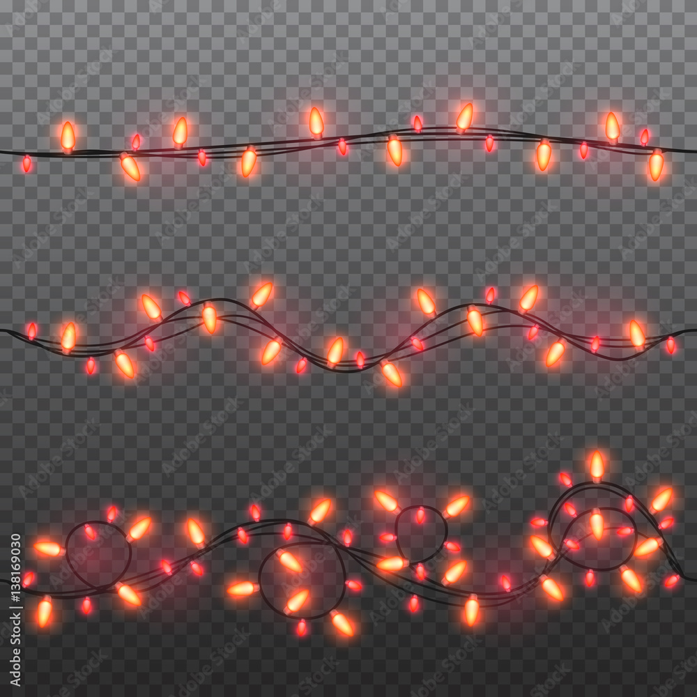 Set of red garlands, festive decorations. Glowing christmas lights isolated on transparent background. Vector seamless horizontal objects.
