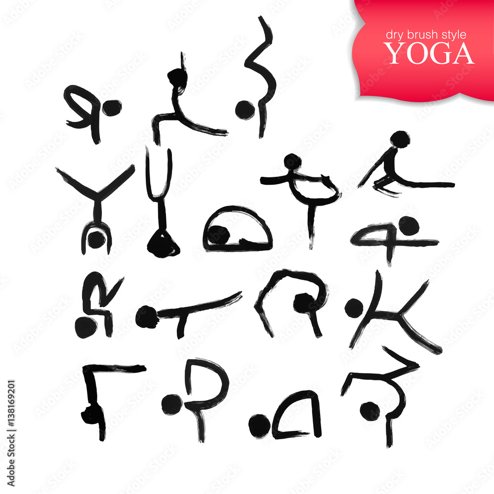 Stick figures in different yoga poses created by dry brush. Grunge calligraphy style. Stick figures in different yoga poses created by dry brush. Grunge calligraphy style.