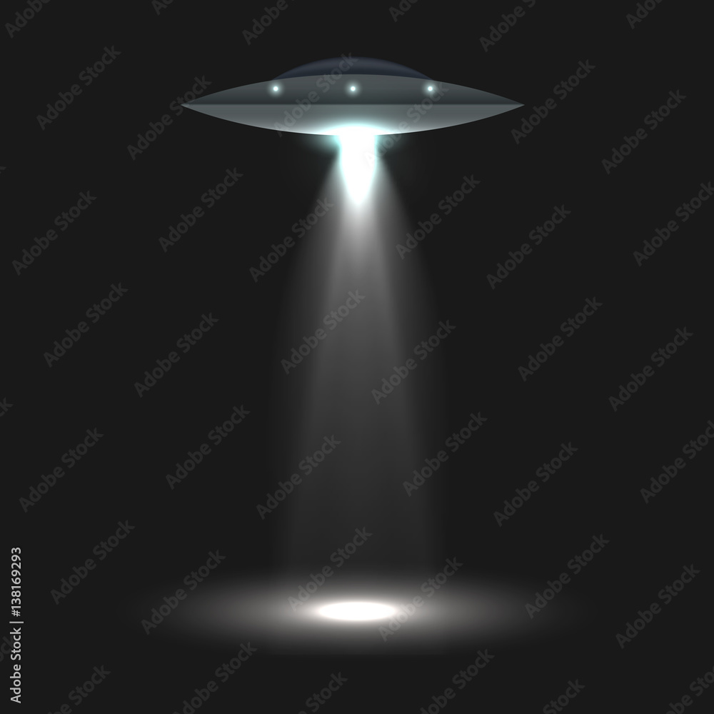 UFO with bright beams. Isolated on black background. Vector illustration.
