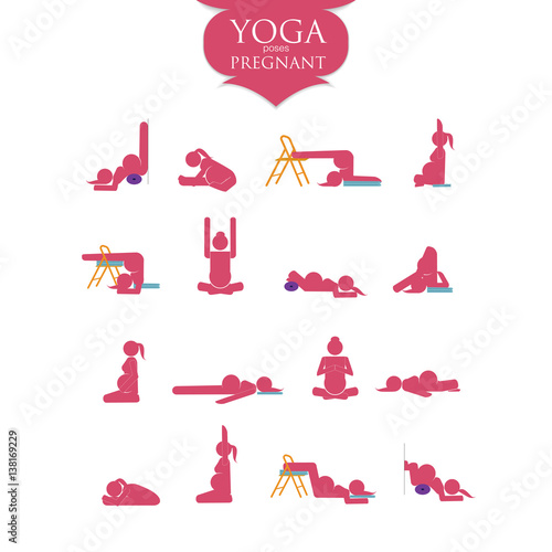 Stick figures. Pregnant woman doing yoga poses.