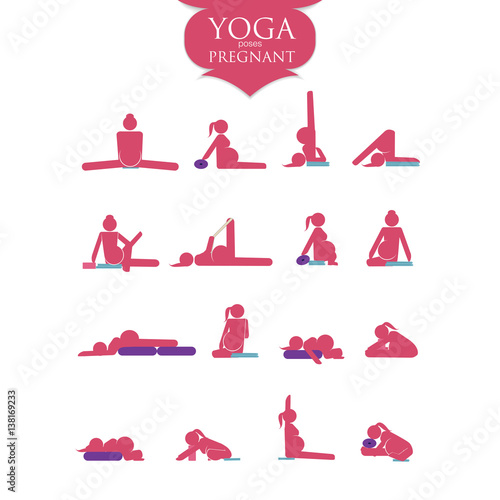 Stick figures. Pregnant woman doing yoga poses.