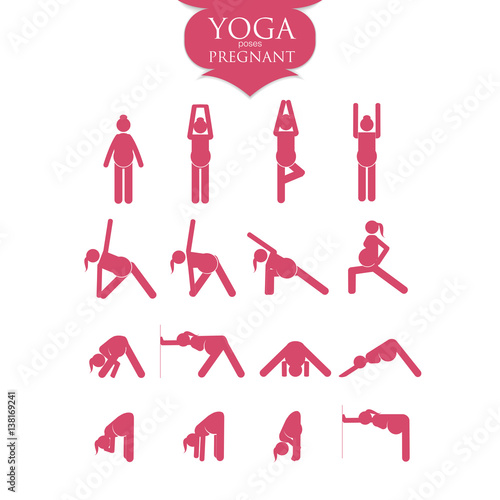 Stick figures. Pregnant woman doing yoga poses.