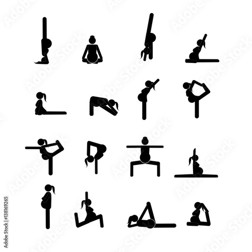 Stick figures. Pregnant woman doing yoga poses.