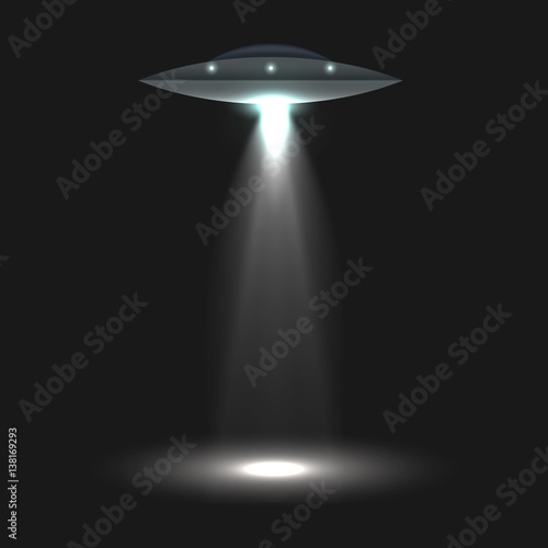UFO with bright beams. Isolated on black background. Vector illustration.