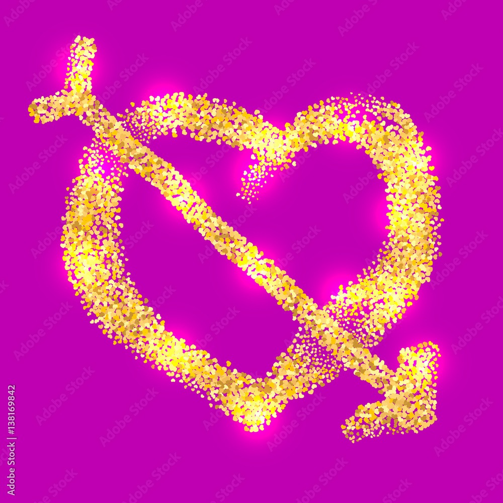 Gold glitter heart and arrow isolated on pink background. Happy Valentines Day golden glamour design element.