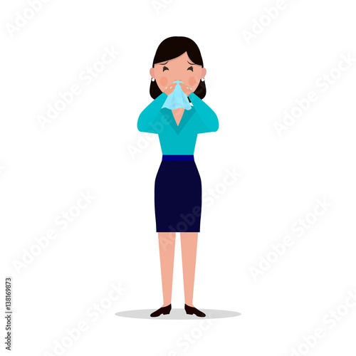 Vector cartoon woman caught cold, sneeze, ill flu
