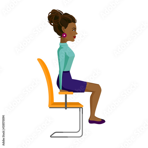 Pretty African American woman in business clothes is doing exercises for back on the office chair. Business woman in healthy strenghthening of arm balance pose