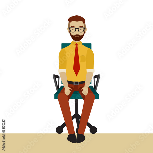 Man in business clothes is doing exercises for back on the office chair. Businessman in healthy pose with straight back.