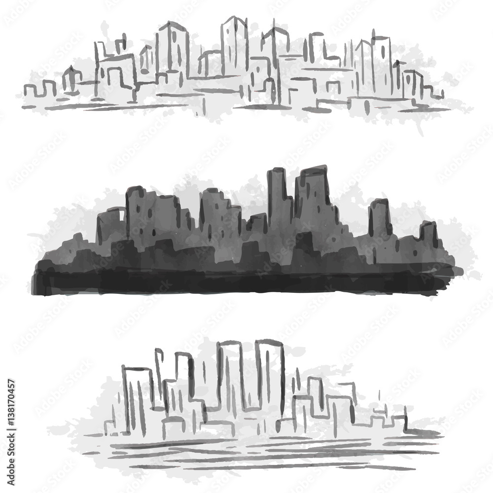 Vector abstract cityscape in painting hand drawn style. Horizontal panorama big cities with modern skyscrapers and buildings.