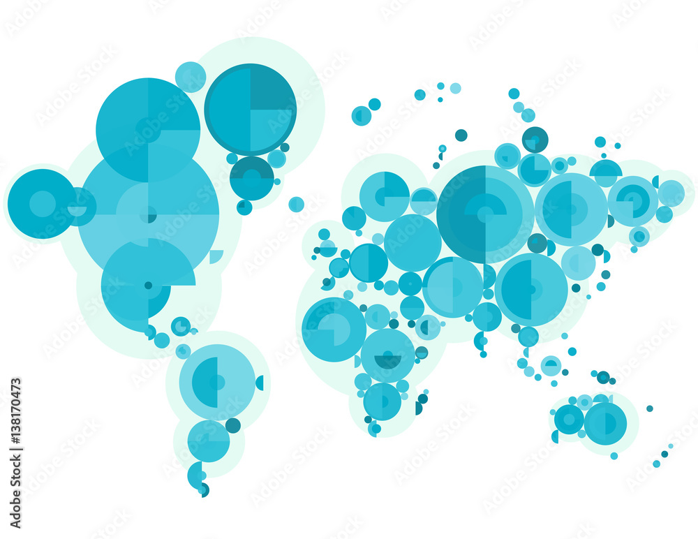 Stylized world map in simple circular geometric shapes. Modern blue forms. Vector illustration.