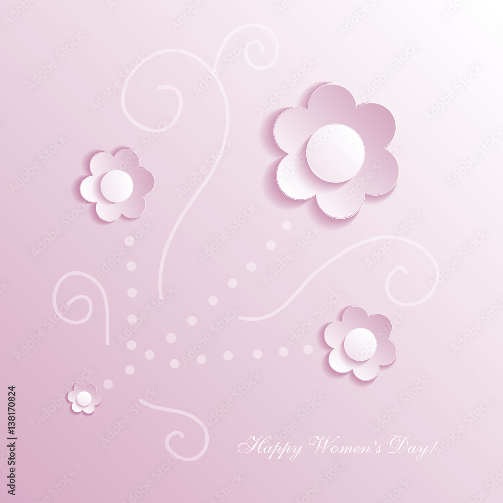 Abstract background with flowers. Delicate 3D greeting card for the International Women's Day. Congratulations on March 8! Cut paper elements. Origami, applique. World Day of the woman. 