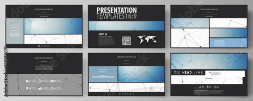 Business templates in HD format for presentation slides. Abstract vector layouts in flat design. Geometric blue color background, molecule structure, science concept. Connected lines and dots.