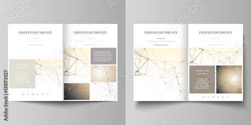 Business templates for bi fold brochure, magazine, flyer. Cover design template, vector layout in A4 size. Technology, science, medical concept. Golden dots and lines, digital style. Lines plexus.