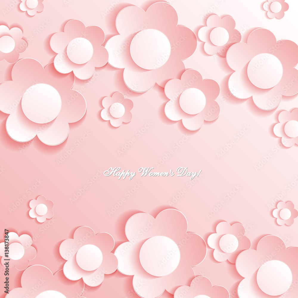 Pink abstract background white flowers. Delicate 3D greeting card for the International Women's Day. Congratulations on March 8! Cut paper elements. Origami, applique. World Day of the woman. 
