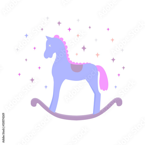 Cute blue vector rocking horse isolated on white background. Baby toy. Design element for logo, card, t-shirt print, invitation, scrapbook, accessories