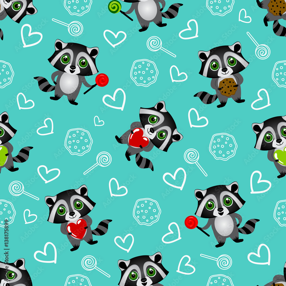 Cute kids pattern for girls and boys. Colorful raccoon on the abstract grunge background create a fun cartoon drawing. The background is made in neon colors. Urban backdrop for textile and fabric.