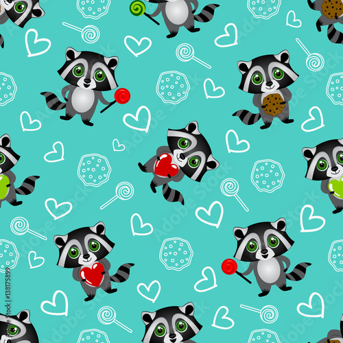 Cute kids pattern for girls and boys. Colorful raccoon on the abstract grunge background create a fun cartoon drawing. The background is made in neon colors. Urban backdrop for textile and fabric.