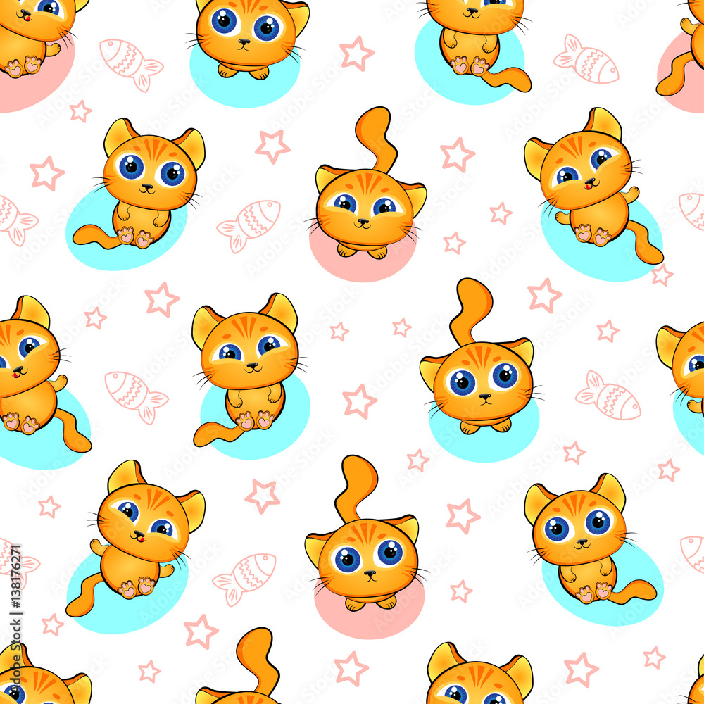 Obraz premium Cute kids pattern for girls and boys. Colorful kittens, cat on the abstract grunge background create a fun cartoon drawing. The background is made in neon colors. Urban backdrop for textile and fabric