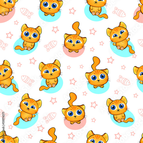 Cute kids pattern for girls and boys. Colorful kittens  cat on the abstract grunge background create a fun cartoon drawing. The background is made in neon colors. Urban backdrop for textile and fabric