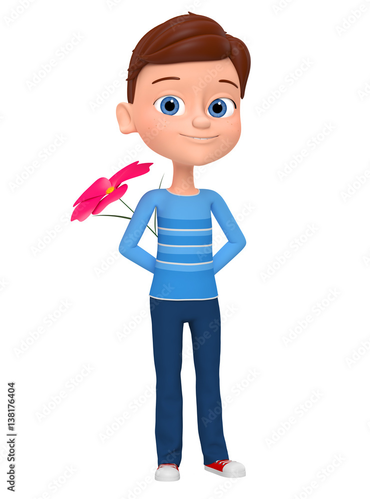 Boy with a flower isolated on white background. 3d render  illustrations.