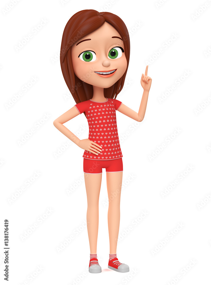 3d rendered illustration. Girl isolated on white background pointing her finger up.