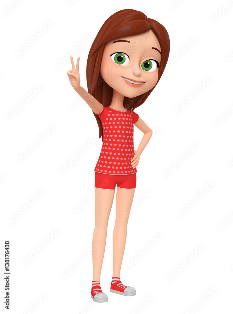 Girl isolated on white background showing the peace of the world. 3d rendered illustration. Girl isolated on white background showing the peace of the world. 3d rendered illustration.