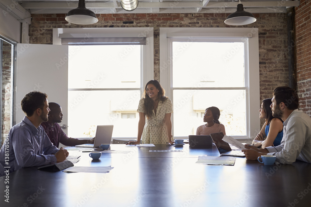 Fototapeta premium Businesswoman Standing To Address Boardroom Meeting