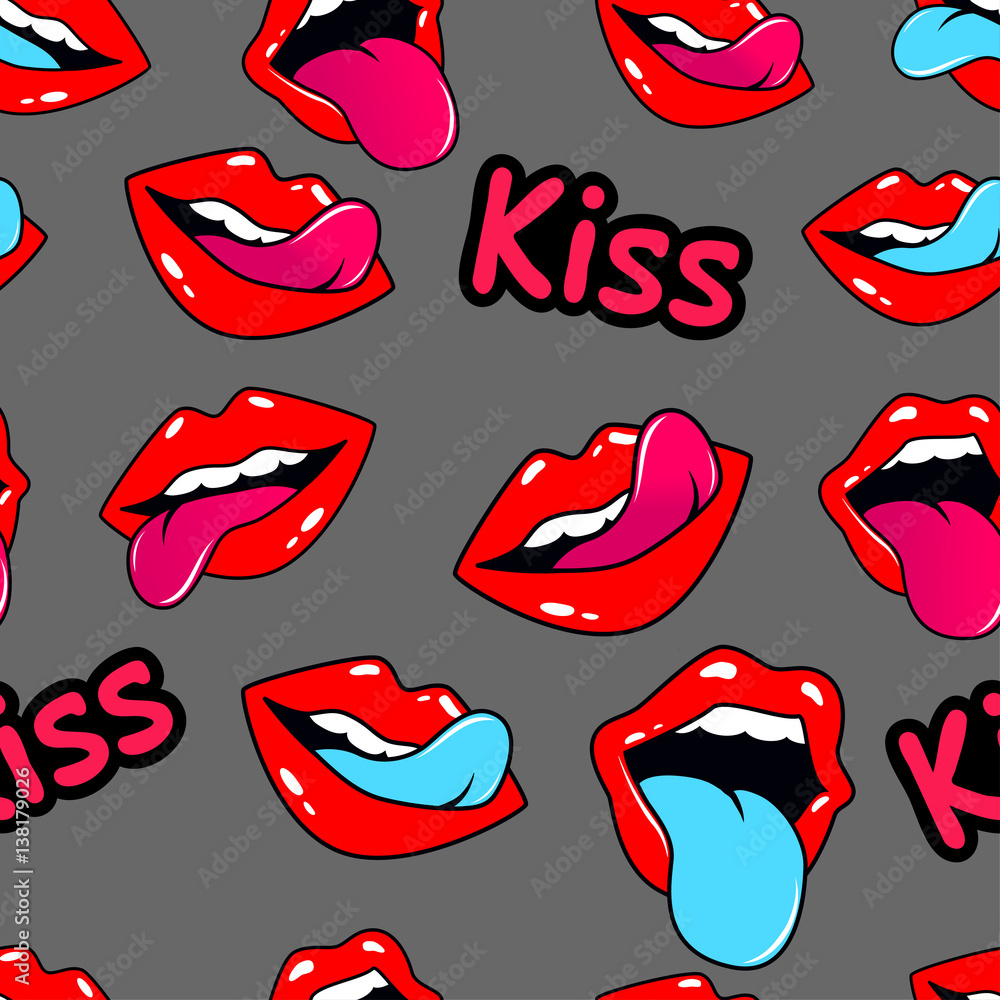 Female lips. Mouth with a kiss, smile, tongue, teeth and kiss me lettering on background. Vector comic seamless pattern in pop art retro style. Abstract seamless pattern for girls, boys, clothes.