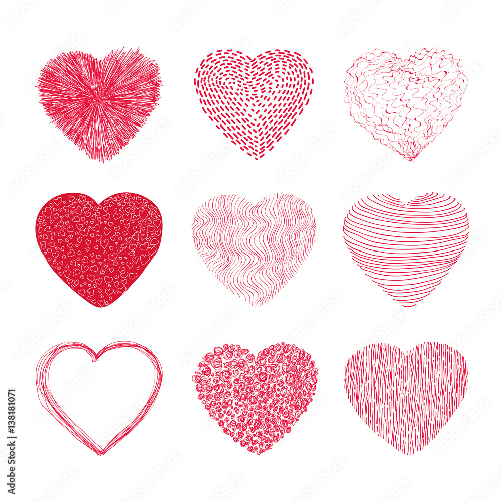Hearts set. Hand drawn. Vector illustration EPS 10. Isolated on white background.